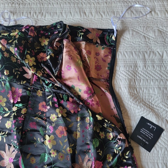 NWT Lulus Make A Move Black Satin Floral Jacquard Strapless Midi Dress Small - Picture 10 of 11